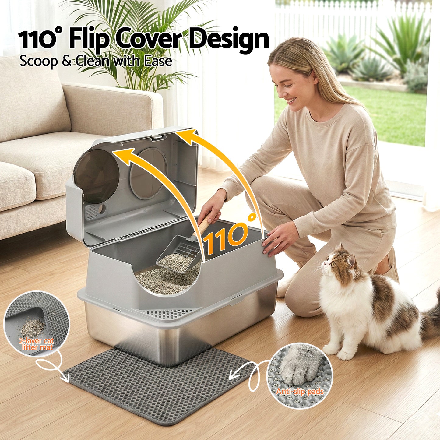 i.Pet Cat Litter Box Large Stainless Steel High Sided Pet Toilet Odour Control - view 5