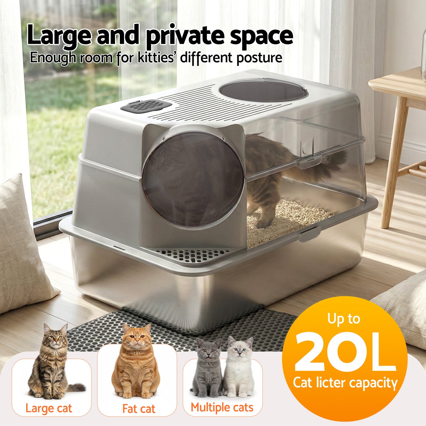 i.Pet Cat Litter Box Large Stainless Steel High Sided Pet Toilet Odour Control - view 6