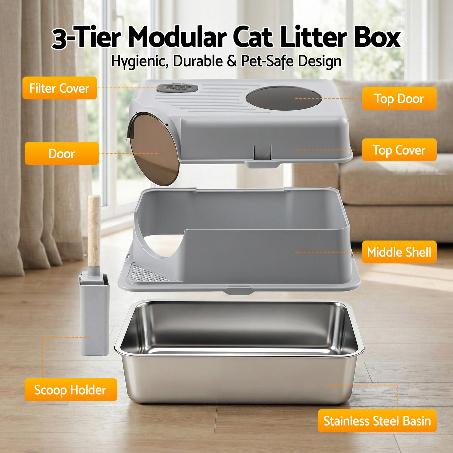 i.Pet Cat Litter Box Large Stainless Steel High Sided Pet Toilet Odour Control - view 8