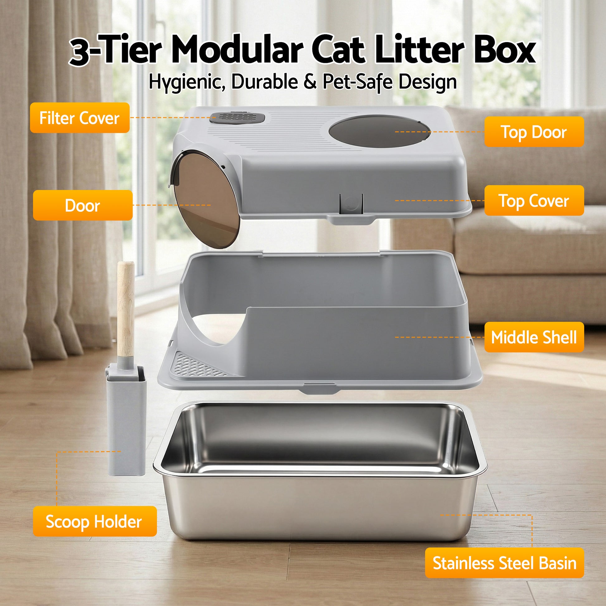 i.Pet Cat Litter Box Large Stainless Steel High Sided Pet Toilet Odour Control - view 8