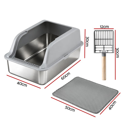 i.Pet Cat Litter Box Stainless Steel Large Semi-Enclosed Pet Kitty Toilet Grey - view 2