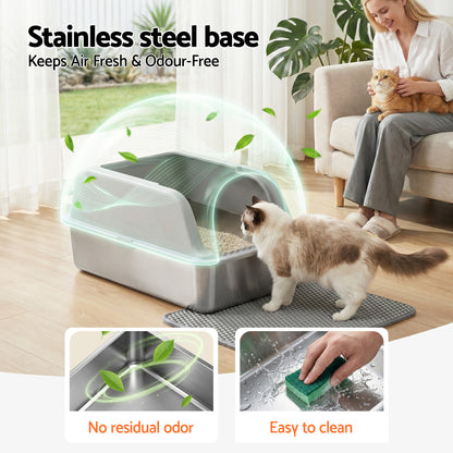i.Pet Cat Litter Box Stainless Steel Large Semi-Enclosed Pet Kitty Toilet Grey - view 4