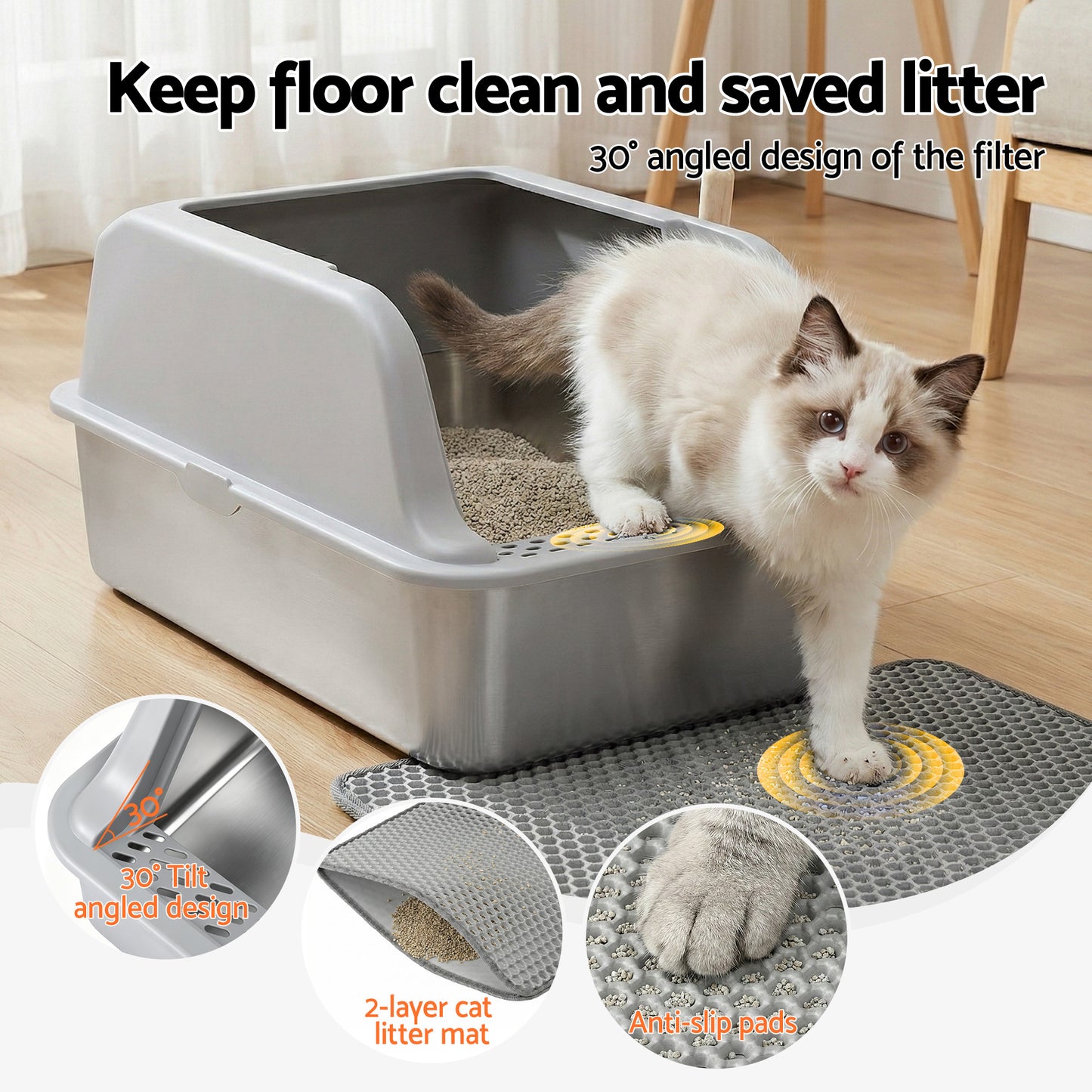 i.Pet Cat Litter Box Stainless Steel Large Semi-Enclosed Pet Kitty Toilet Grey - view 5