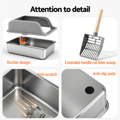i.Pet Cat Litter Box Stainless Steel Large Semi-Enclosed Pet Kitty Toilet Grey - view 7