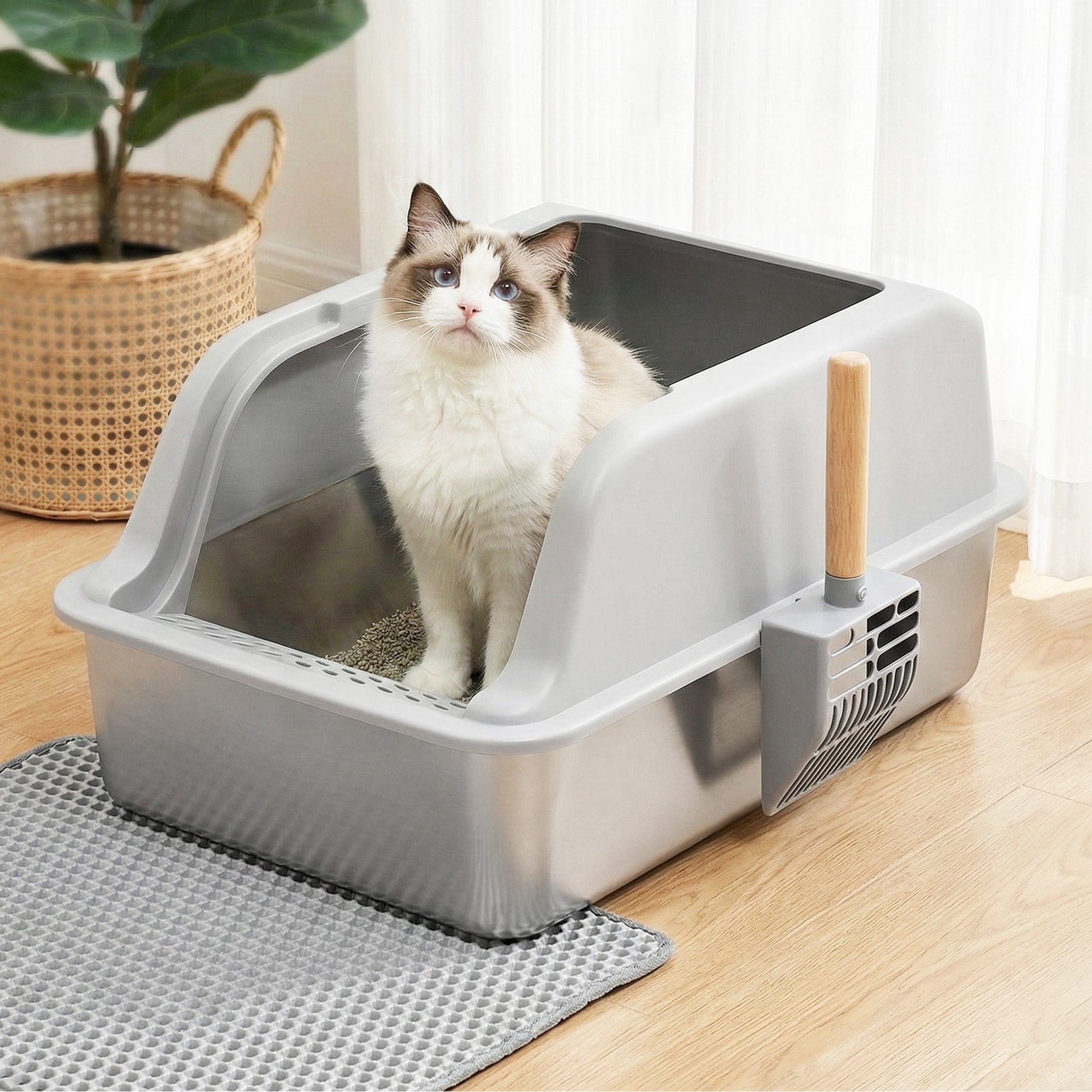 i.Pet Cat Litter Box Stainless Steel Large Semi-Enclosed Pet Kitty Toilet Grey - view 8