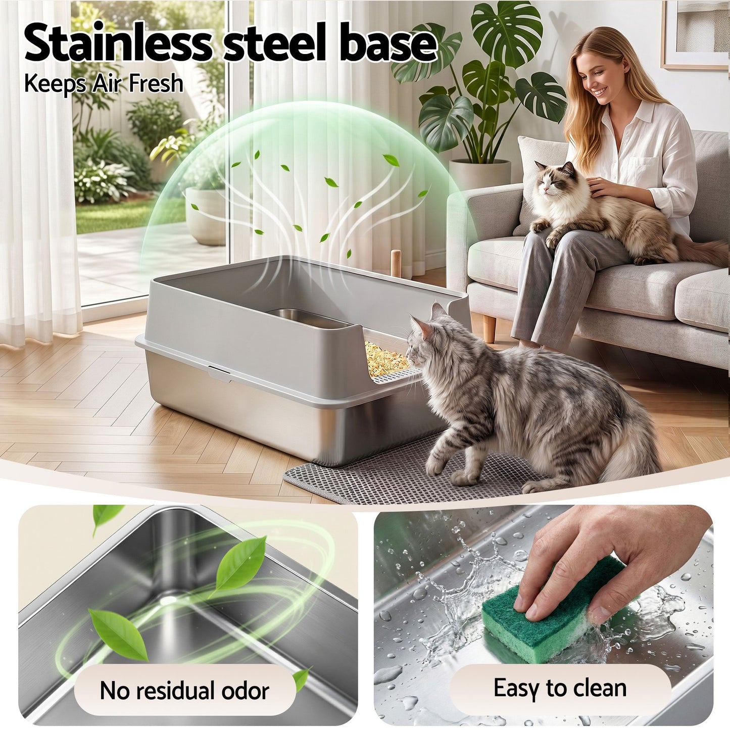 i.Pet XXL Cat Litter Box Stainless Steel Jumbo Semi-Enclosed Pet Kitty Toilet Grey - view 5