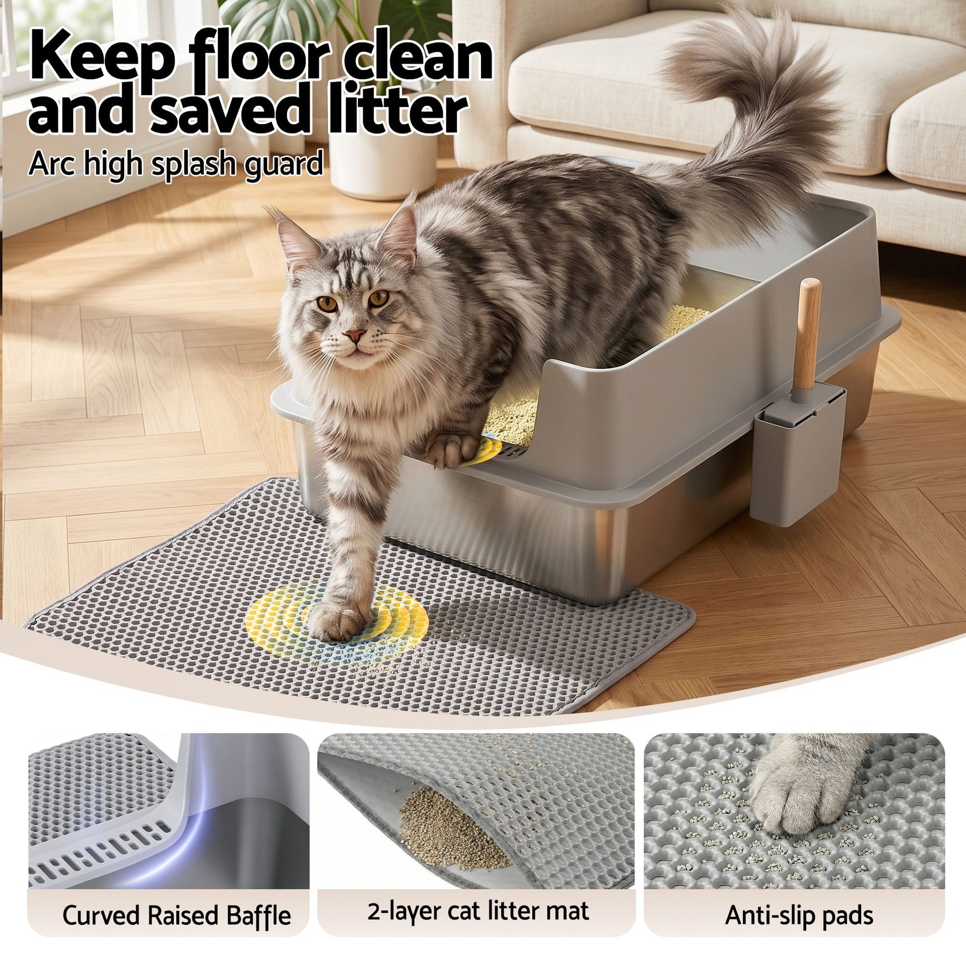 i.Pet XXL Cat Litter Box Stainless Steel Jumbo Semi-Enclosed Pet Kitty Toilet Grey - view 6