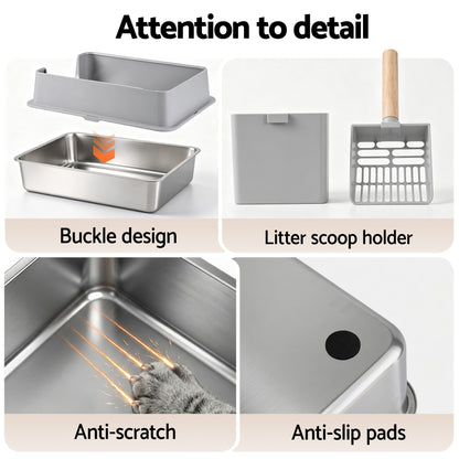i.Pet XXL Cat Litter Box Stainless Steel Jumbo Semi-Enclosed Pet Kitty Toilet Grey - view 8