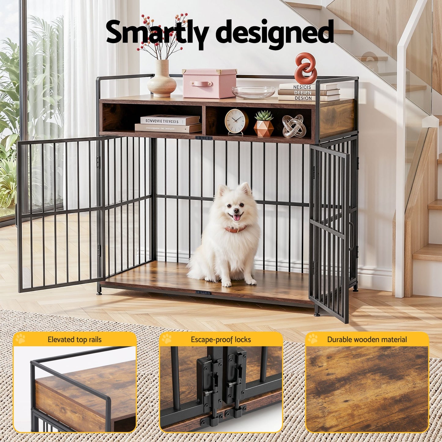 i.Pet 2-in-1 Wooden Dog Crate 104cm Pet Cage Furniture End Table Storage Black - view 8