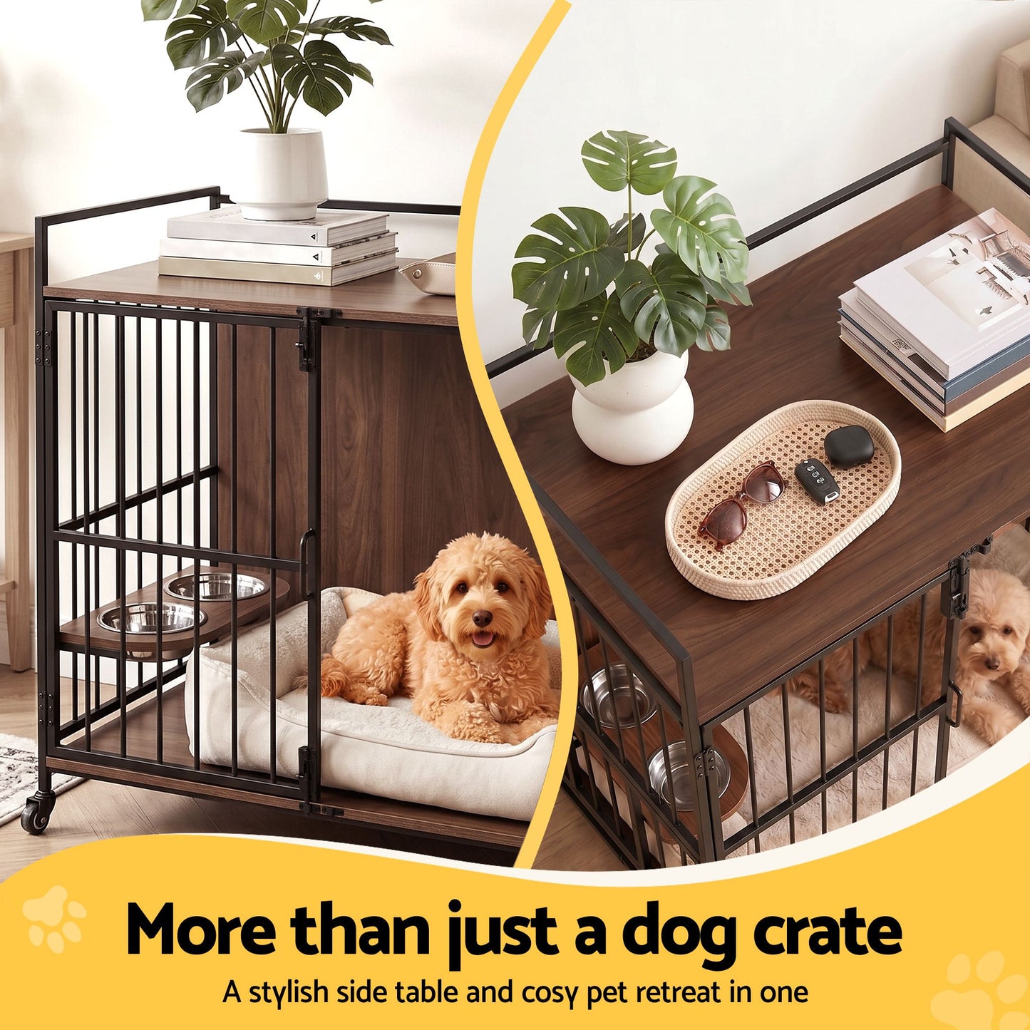 i.Pet 2-in-1 Wooden Dog Crate 99cm Pet Cage Furniture End Table Wheels Black - view 4