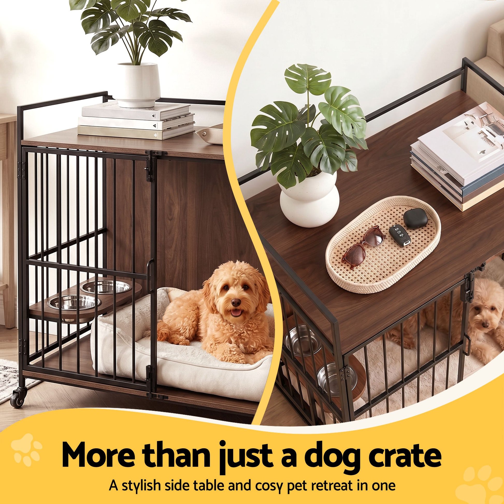 i.Pet 2-in-1 Wooden Dog Crate 99cm Pet Cage Furniture End Table Wheels Black - view 4