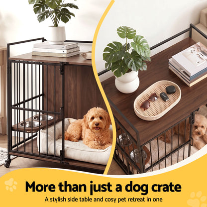 i.Pet 2-in-1 Wooden Dog Crate 99cm Pet Cage Furniture End Table Wheels Black - view 4