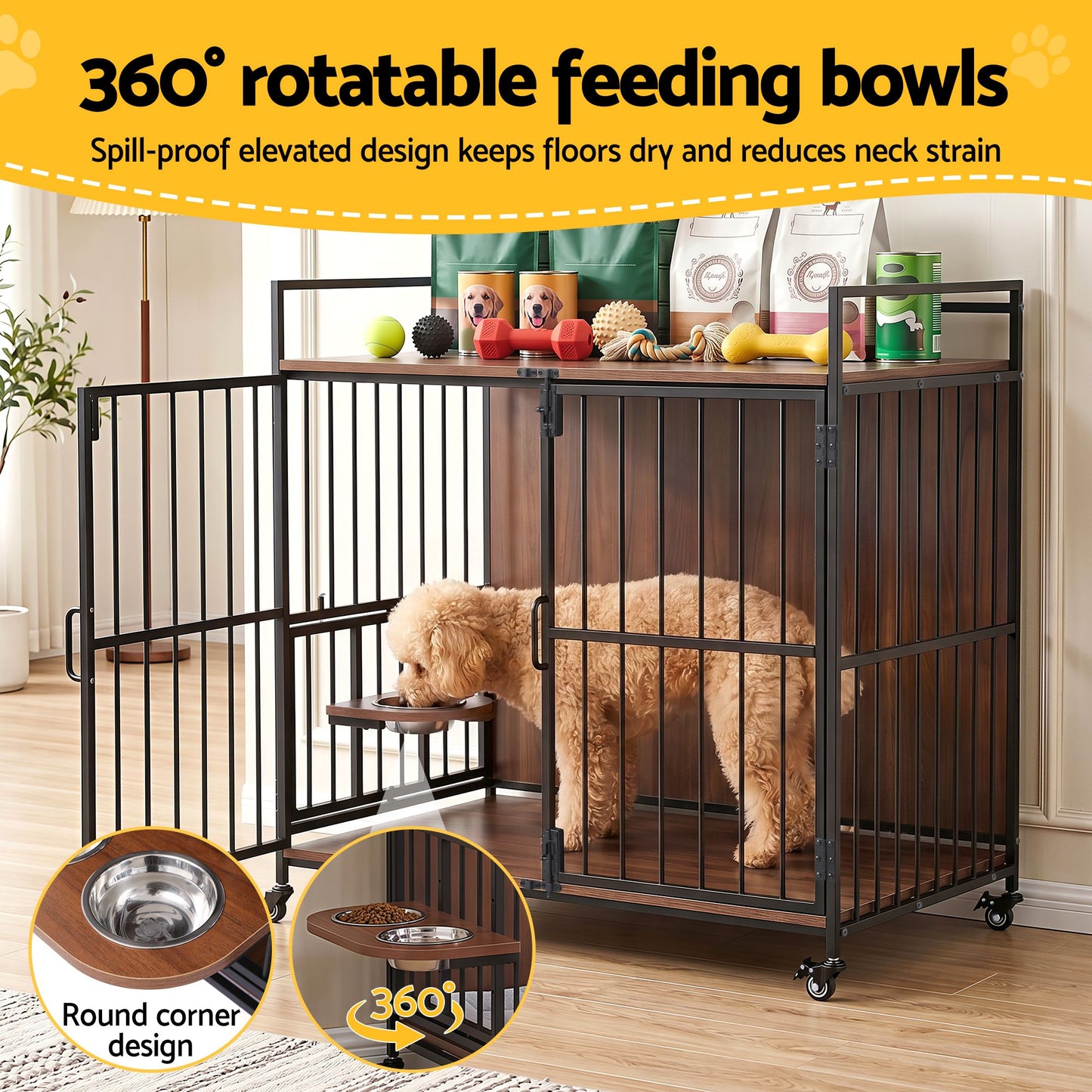 i.Pet 2-in-1 Wooden Dog Crate 99cm Pet Cage Furniture End Table Wheels Black - view 5