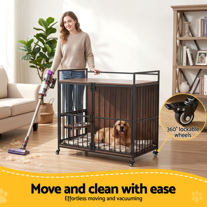 i.Pet 2-in-1 Wooden Dog Crate 99cm Pet Cage Furniture End Table Wheels Black - view 6