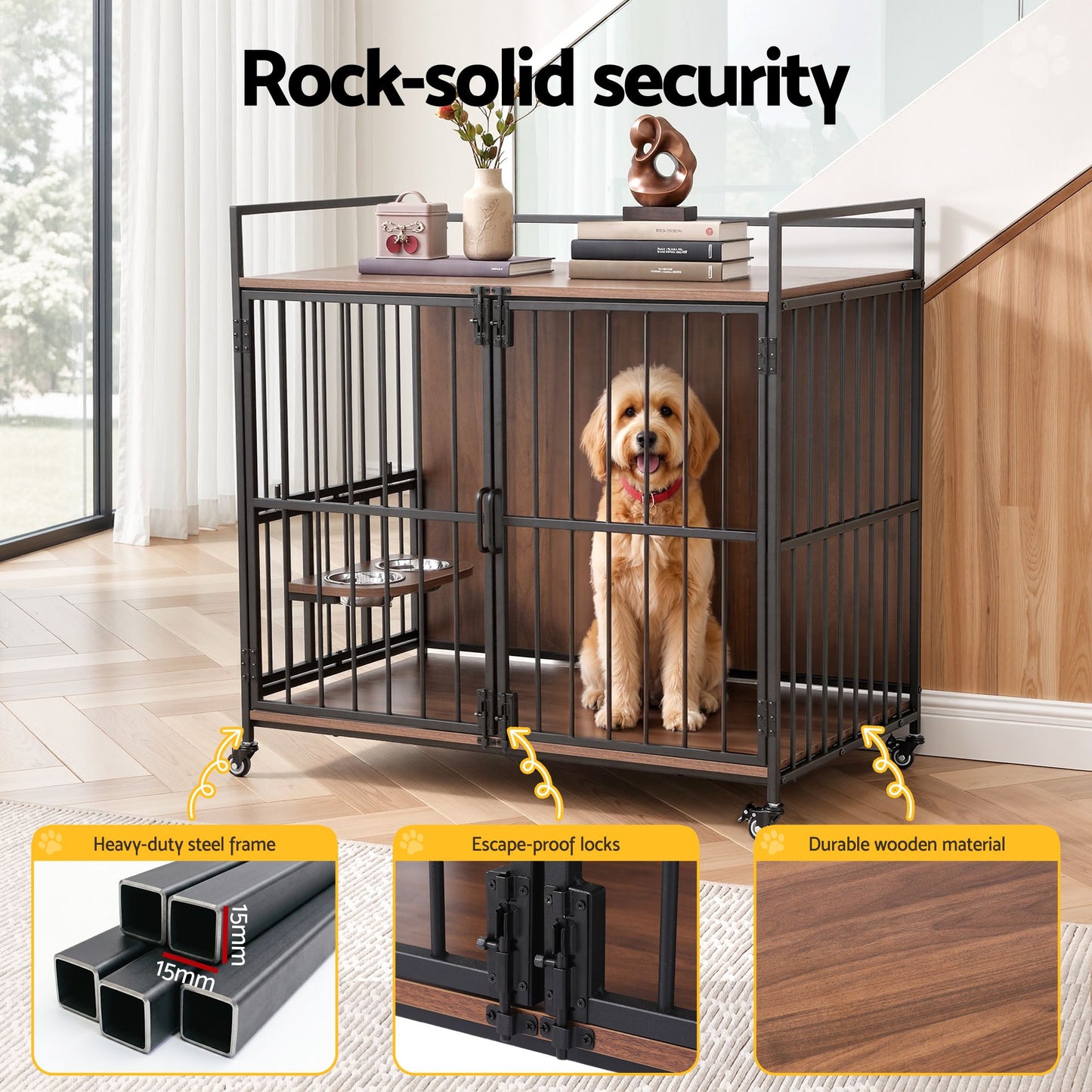 i.Pet 2-in-1 Wooden Dog Crate 99cm Pet Cage Furniture End Table Wheels Black - view 7