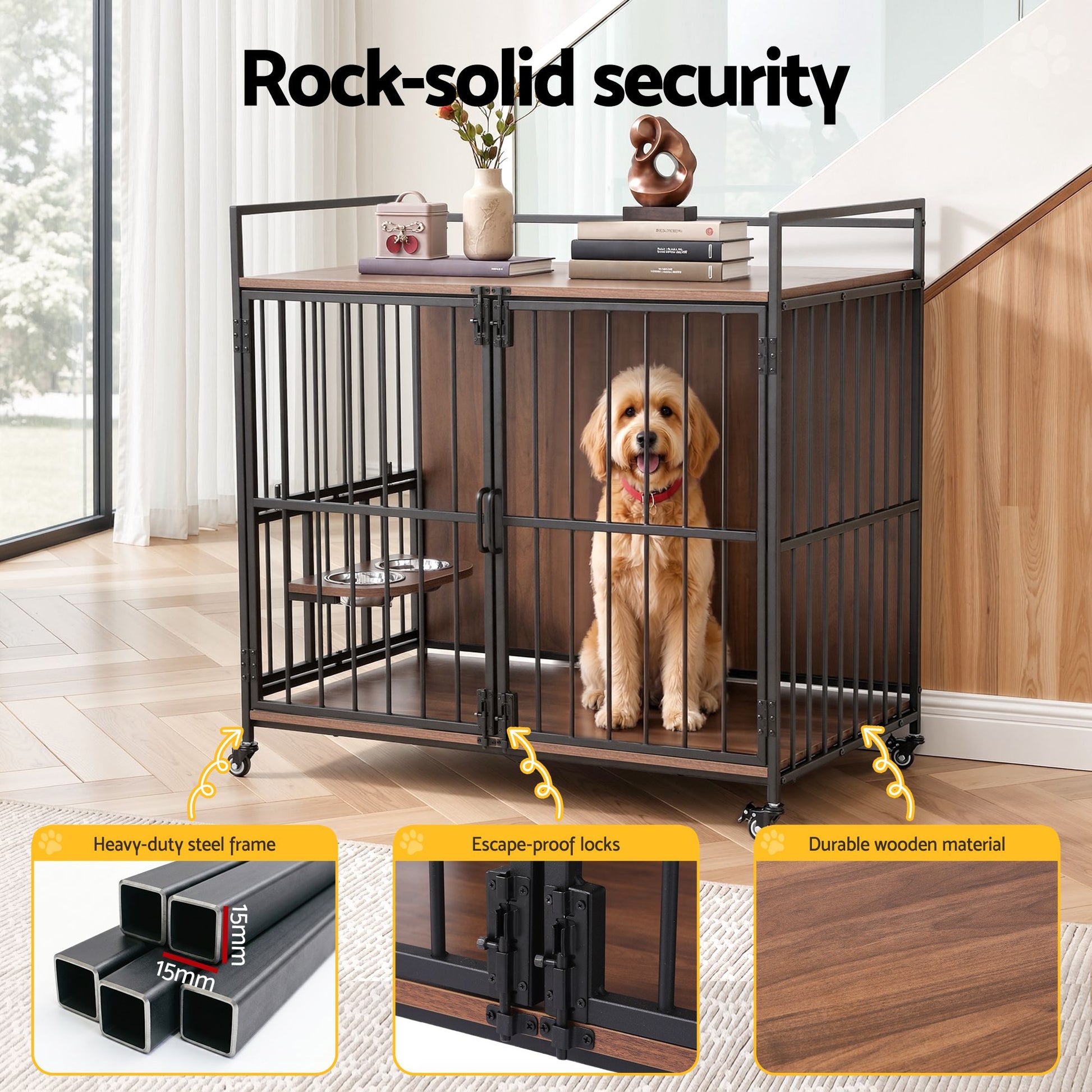 i.Pet 2-in-1 Wooden Dog Crate 99cm Pet Cage Furniture End Table Wheels Black - view 7