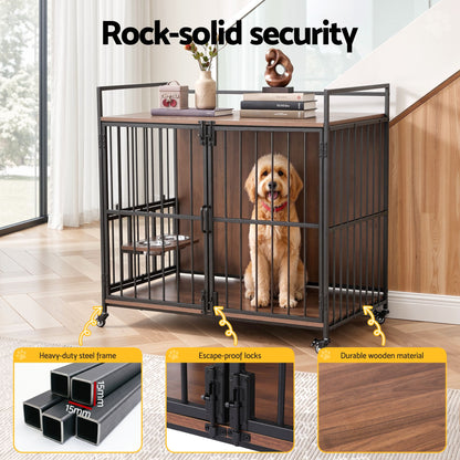 i.Pet 2-in-1 Wooden Dog Crate 99cm Pet Cage Furniture End Table Wheels Black - view 7