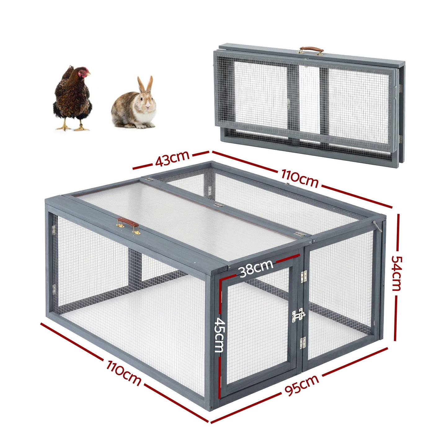 i.Pet Chicken Coop Large Portable Wooden Rabbit Run Cage Hutch Outdoor Folding Hen House 110cm - view 2