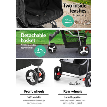 i.Pet Pet Stroller Dog Pram Cat Carrier Large Travel Pushchair Foldable 3 Wheels - view 6