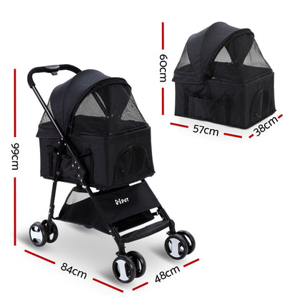 i.Pet Pet Stroller Dog Pram Cat Carrier Travel Large Pushchair Foldable 4 Wheels Black - view 2