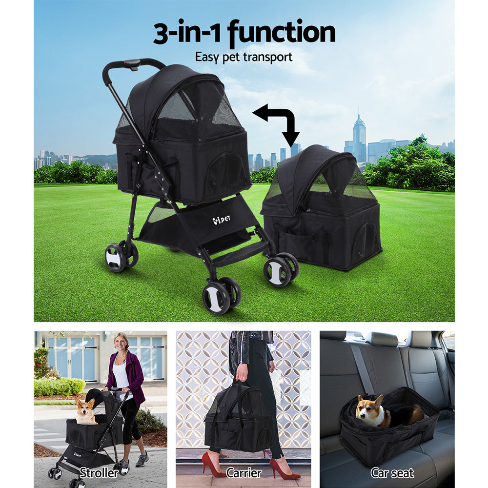 i.Pet Pet Stroller Dog Pram Cat Carrier Travel Large Pushchair Foldable 4 Wheels Black - view 4