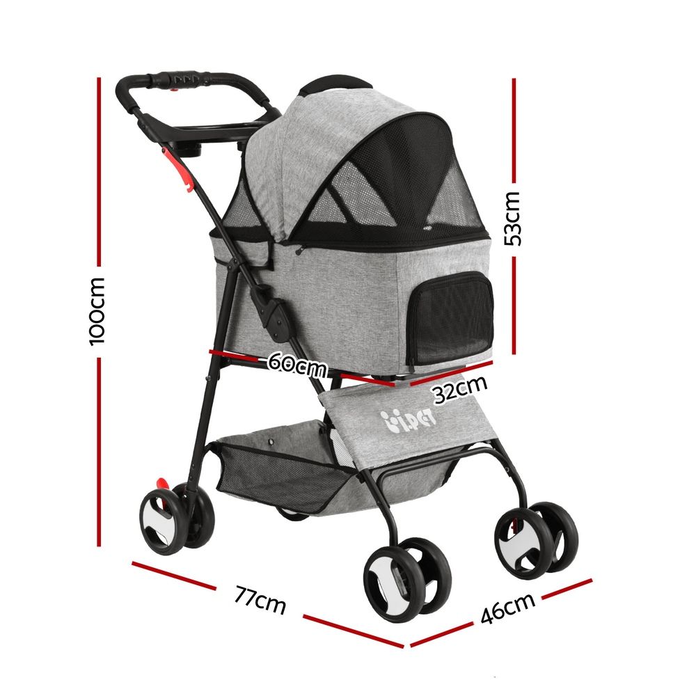 i.Pet Pet Stroller Dog Pram Cat Carrier Travel Large Pushchair Foldable 4 Wheels Grey - view 3