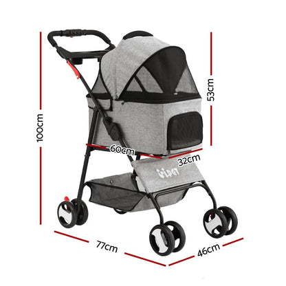 i.Pet Pet Stroller Dog Pram Cat Carrier Travel Large Pushchair Foldable 4 Wheels Grey - view 3