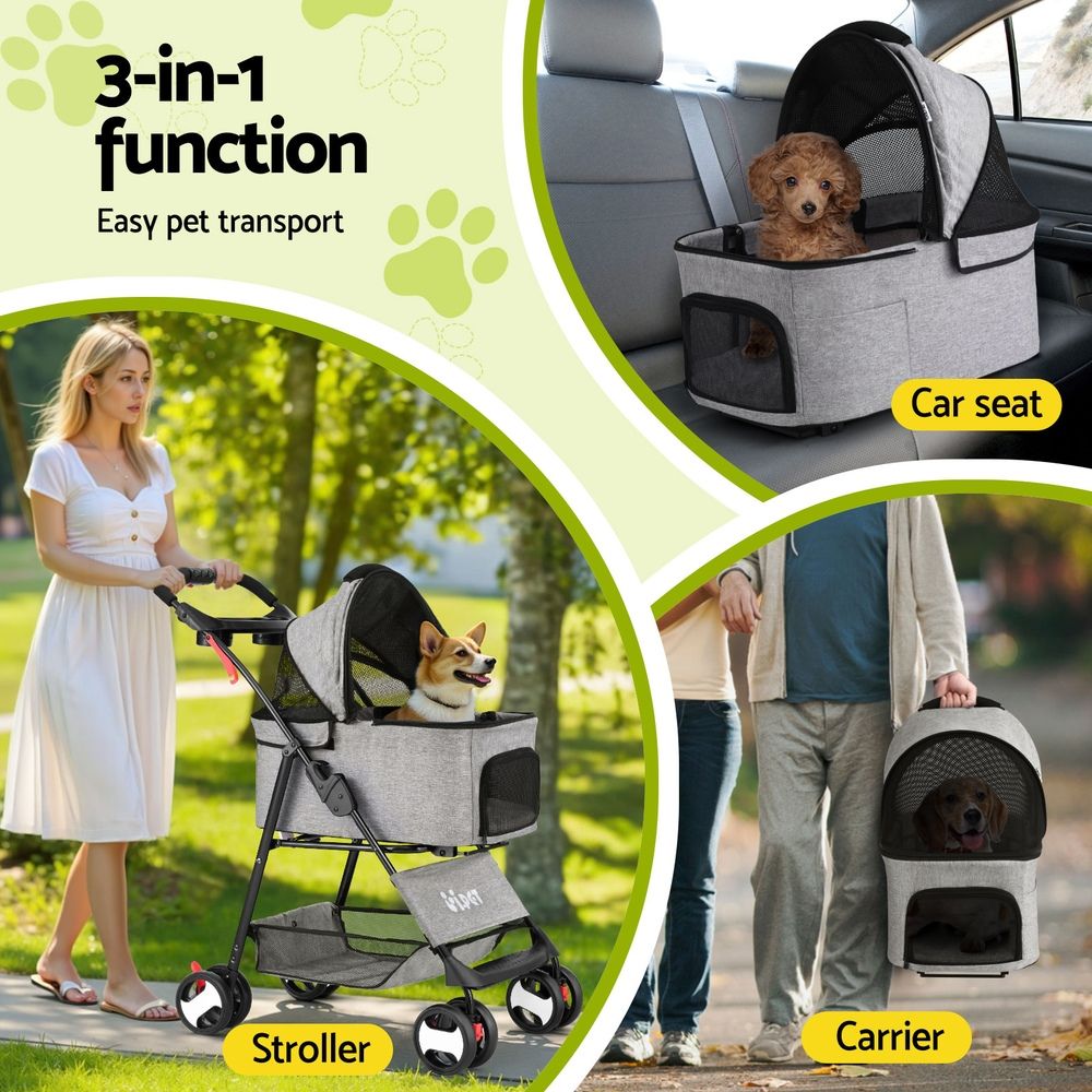 i.Pet Pet Stroller Dog Pram Cat Carrier Travel Large Pushchair Foldable 4 Wheels Grey - view 4