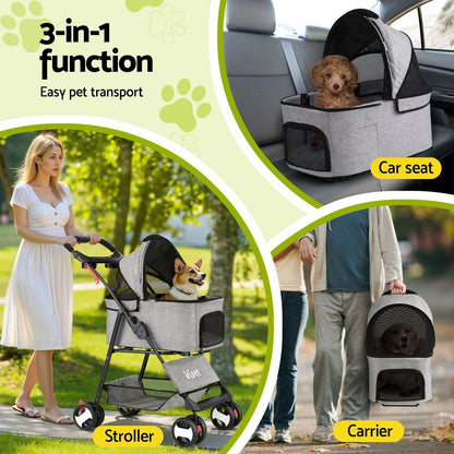 i.Pet Pet Stroller Dog Pram Cat Carrier Travel Large Pushchair Foldable 4 Wheels Grey - view 4