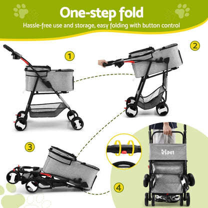 i.Pet Pet Stroller Dog Pram Cat Carrier Travel Large Pushchair Foldable 4 Wheels Grey - view 5