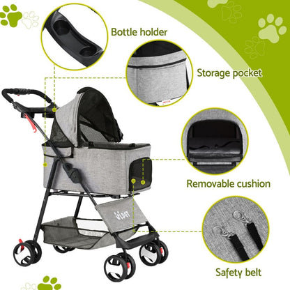 i.Pet Pet Stroller Dog Pram Cat Carrier Travel Large Pushchair Foldable 4 Wheels Grey - view 7