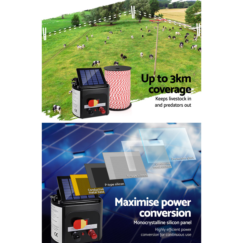 Giantz Fence Energiser 3KM Solar Powered Electric 500M Poly Rope - view 4