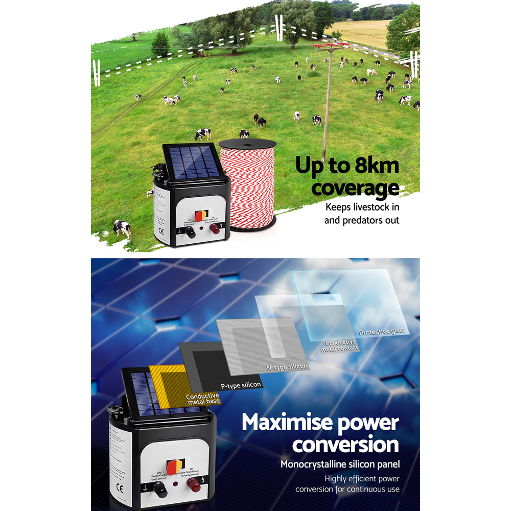 Giantz Fence Energiser 8KM Solar Powered Electric 500M Poly Rope - view 4