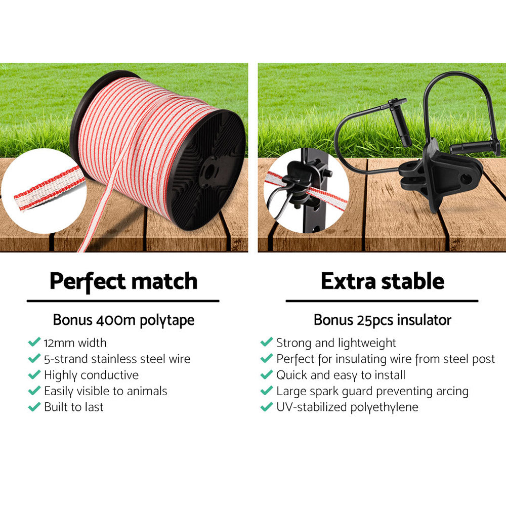 Giantz Fence Energiser 8KM Solar Powered Electric 400M Poly Tape Insulator - view 5
