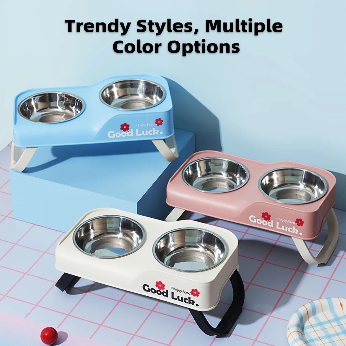 Dopamine Color Pet Bowl Set, Anti-Slip Adjustable Height Design for Small/Medium Dogs and Cats（blue) - view 2