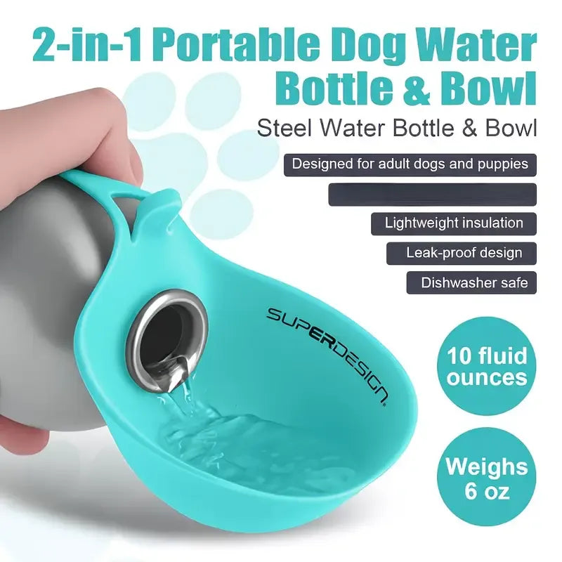 Portable Stainless Steel Cat & Dog Water Bottle, Leak-Proof 2-in-1 with Bowl, One-Press Drink & Feed for Outdoor Walks & Travel, Lightweight & Easy to Carry, Pet Essential./GREY - view 3
