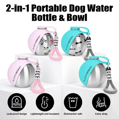 Portable Stainless Steel Cat & Dog Water Bottle, Leak-Proof 2-in-1 with Bowl, One-Press Drink & Feed for Outdoor Walks & Travel, Lightweight & Easy to Carry, Pet Essential./GREY - view 5