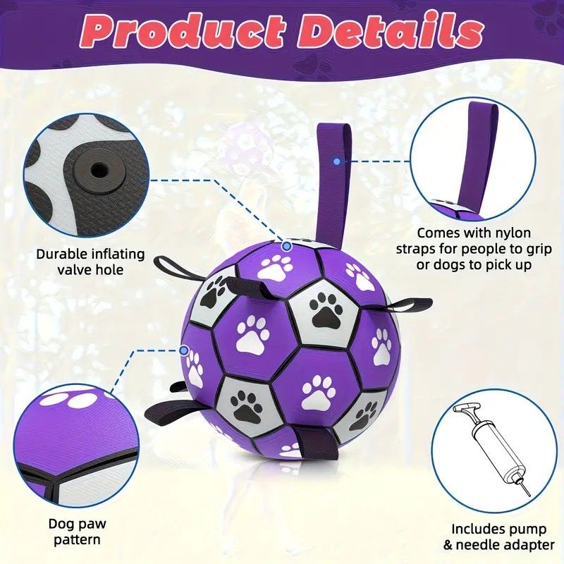 Dog Ball Toy Soccer Ball with Webbing Strap, Indoor and Outdoor Interactive Tug-of-War, Purple and Black Soccer Ball, Pet Toy for Large, Medium, and Small Dogs (Includes Air Pump) - view 6