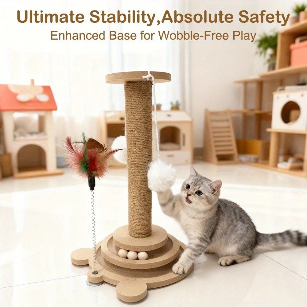 Bestselling Interactive Cat Scratching Post | Sisal Scratching Board + Rotating Ball Track + Feather Toy, Multi-functional Cat Tower for Solo Play and Stress Relief - view 2