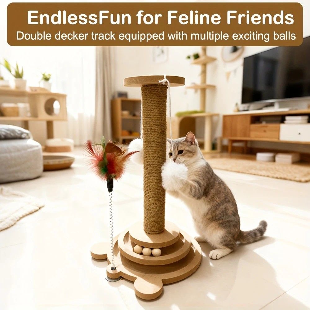 Bestselling Interactive Cat Scratching Post | Sisal Scratching Board + Rotating Ball Track + Feather Toy, Multi-functional Cat Tower for Solo Play and Stress Relief - view 3