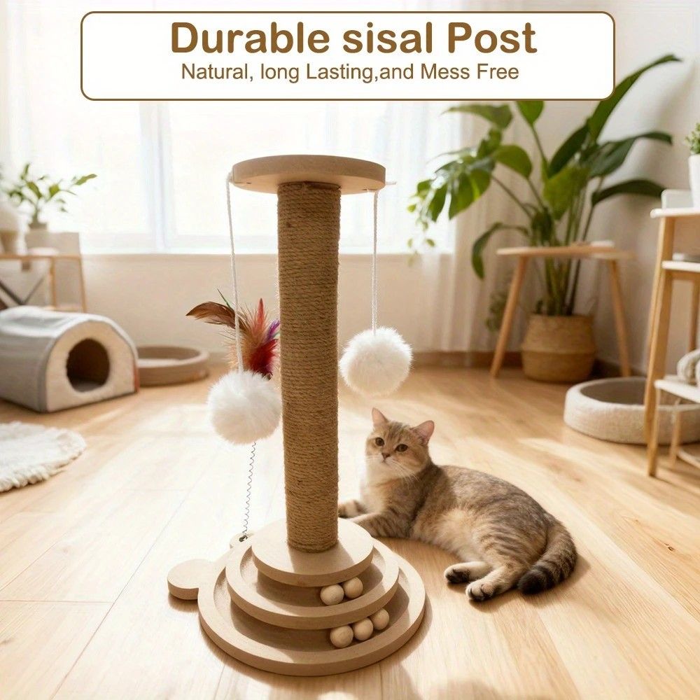 Bestselling Interactive Cat Scratching Post | Sisal Scratching Board + Rotating Ball Track + Feather Toy, Multi-functional Cat Tower for Solo Play and Stress Relief - view 4