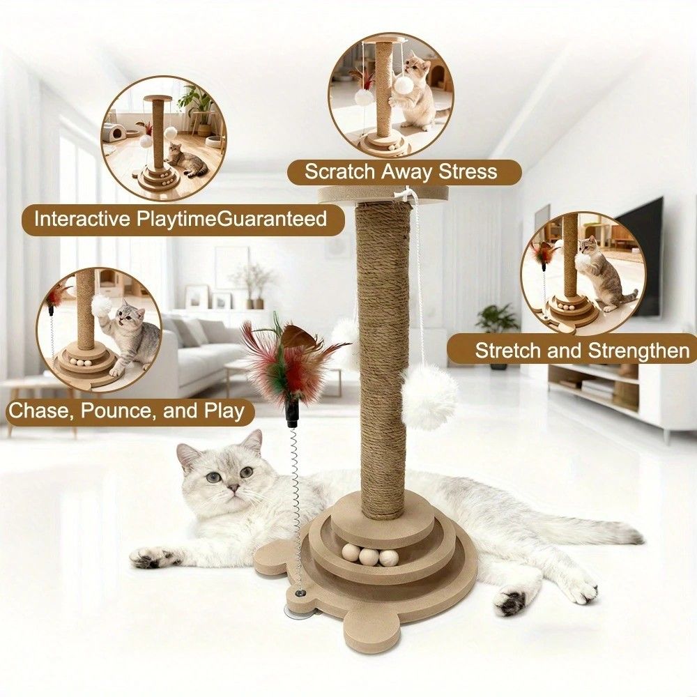 Bestselling Interactive Cat Scratching Post | Sisal Scratching Board + Rotating Ball Track + Feather Toy, Multi-functional Cat Tower for Solo Play and Stress Relief - view 6