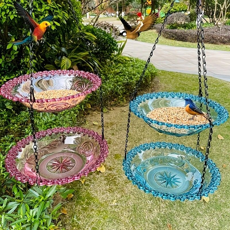 Chain-hung Double-layer Bird Feeder, transparent bowls for easy observation, thickened iron chain for stable load-bearing, adding natural vitality and bird-watching fun to your courtyard.(PINK) - view 2