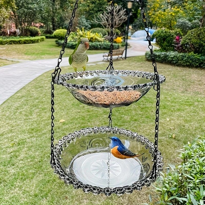 Chain-hung Double-layer Bird Feeder, transparent bowls for easy observation, thickened iron chain for stable load-bearing, adding natural vitality and bird-watching fun to your courtyard.(PINK) - view 7