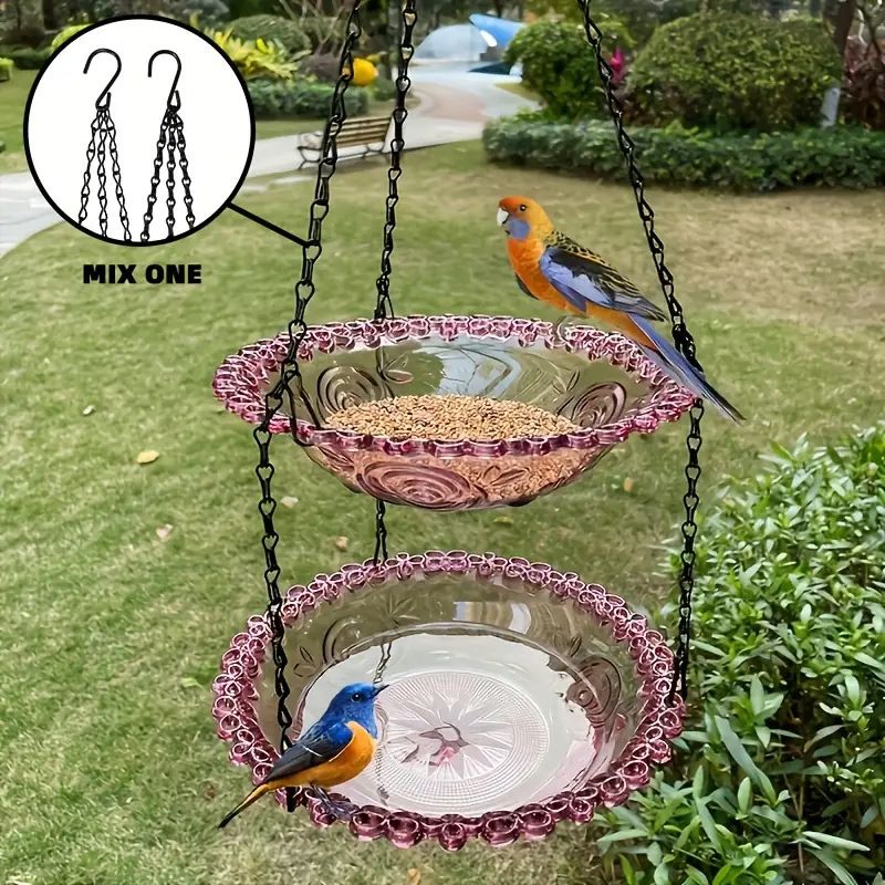 Chain-hung Double-layer Bird Feeder, transparent bowls for easy observation, thickened iron chain for stable load-bearing, adding natural vitality and bird-watching fun to your courtyard.(PINK) - view 10