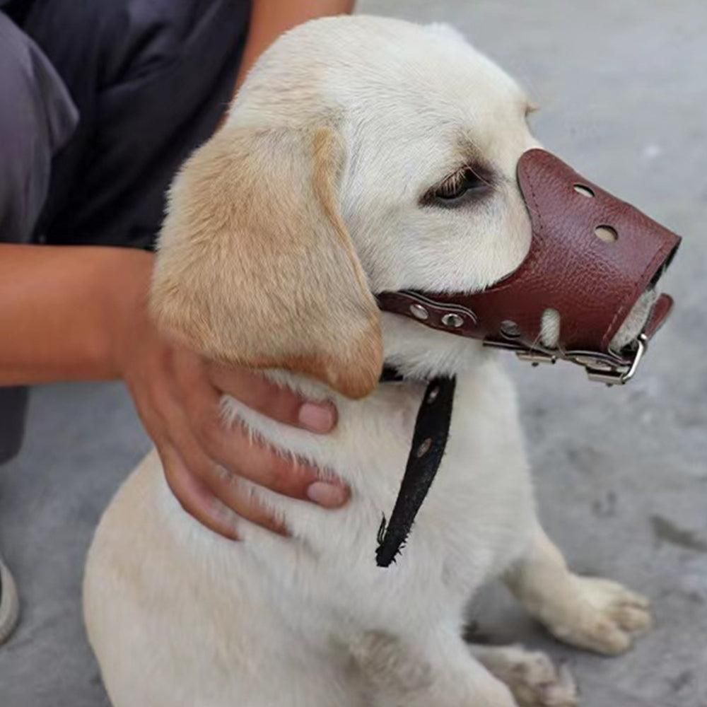 Adjustable PU Leather Dog Muzzle Pet Breathable Anti Bite Bark Chew Muzzles Brown - S - view 3