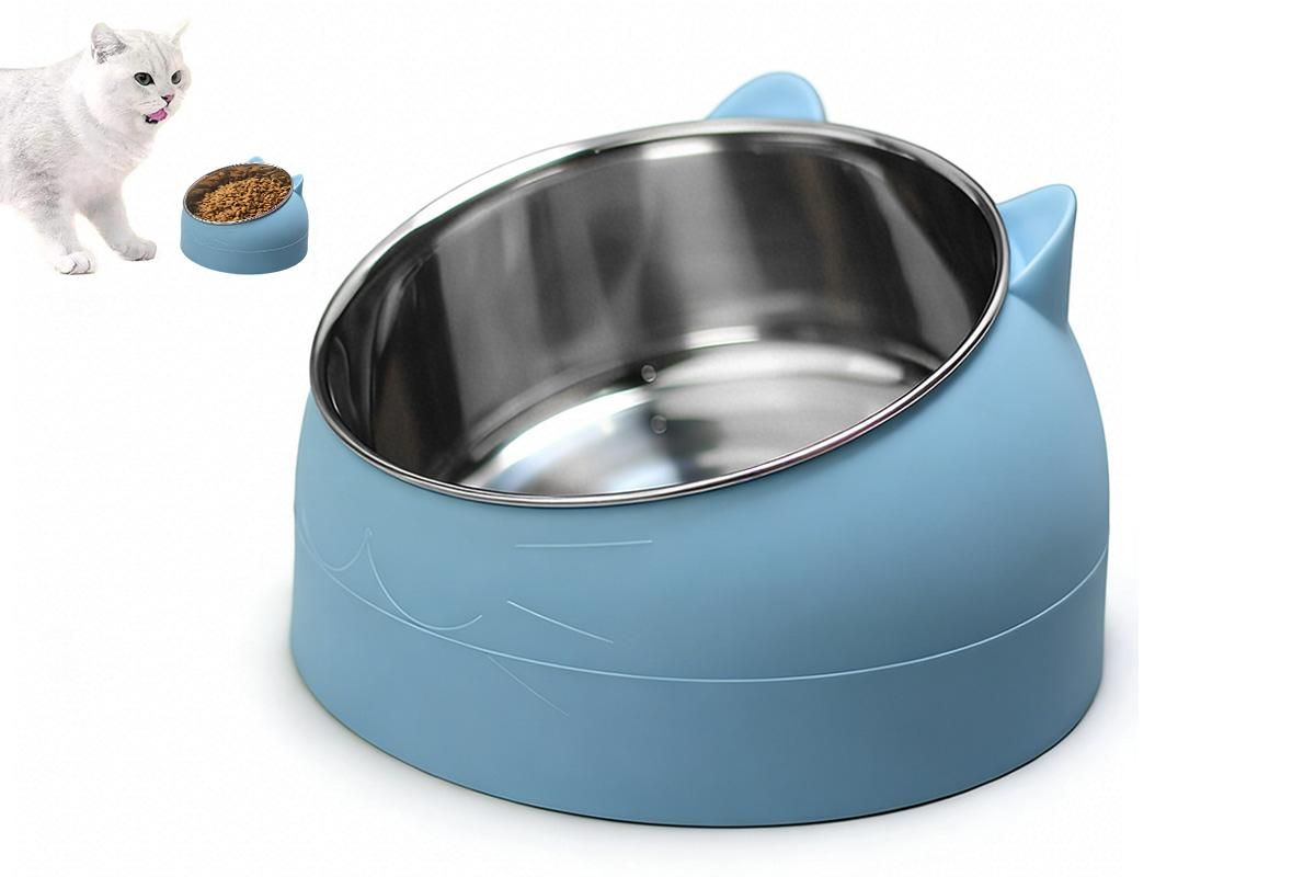400ml Stainless Steel Tilted Pet Bowl - Non-Slip Raised Feeder for Cats & Dogs Blue - view 9