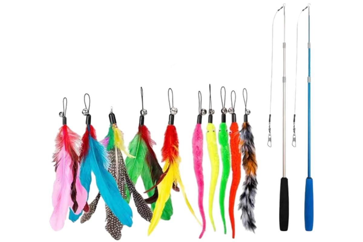 12Pcs Kitten Cat Feather Toy Bell Wand Teaser Rod Interactive Play Pet Toy - view 6