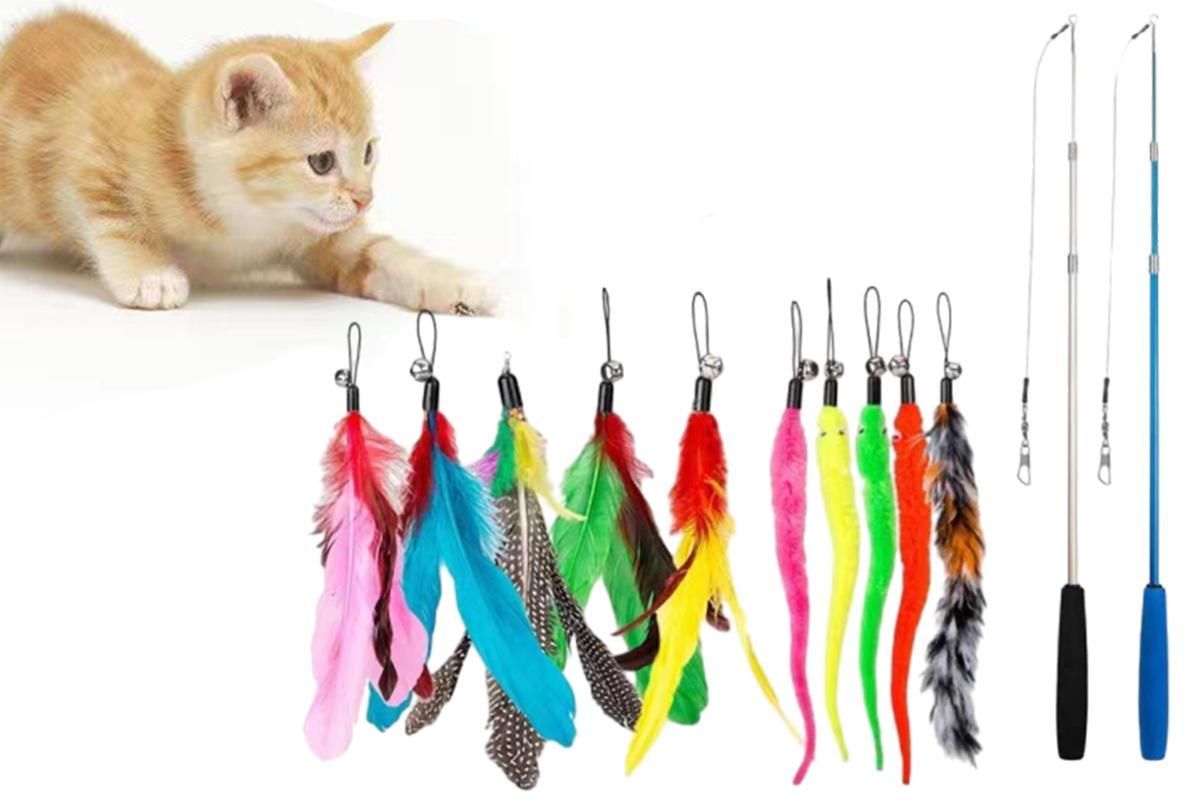 12Pcs Kitten Cat Feather Toy Bell Wand Teaser Rod Interactive Play Pet Toy - view 8