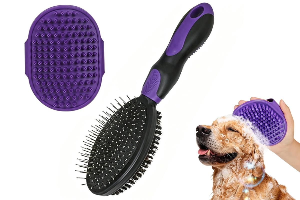 2 Pack Pet Grooming Brush Set Deshedding Double Sided Comb Massage Brush-Black - view 9